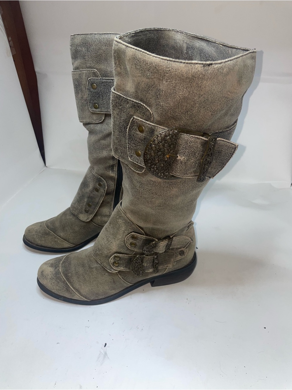 Two Lips Distressed Grey Suede feel 14” tall Buckle Boots